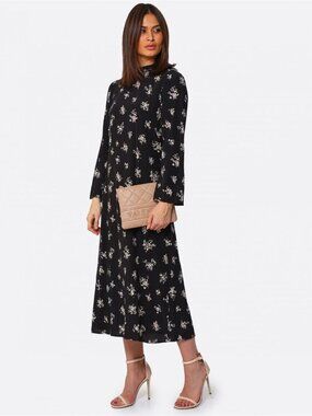 RIXO Selena Black Ditsy Bunch Floral Long Sleeve A-Line Midi Dress, Size XS